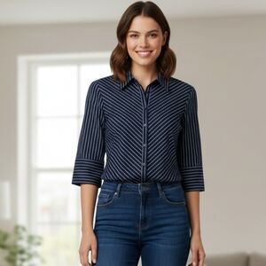 DCC Missy Stretch Navy Black White Chevron Stripe Button Down Shirt Small